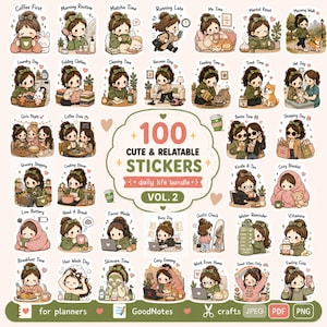 Könnte beinhalten: Ein digitaler Stickerbogen mit 100 niedlichen Illustrationen einer Figur in Alltagsszenen. Das zentrale Etikett lautet 100 CUTE & RELATABLE STICKERS daily life bundle VOL. 2. Die Sticker zeigen Aktivitäten wie Kaffee trinken, Putzen und Arbeit.