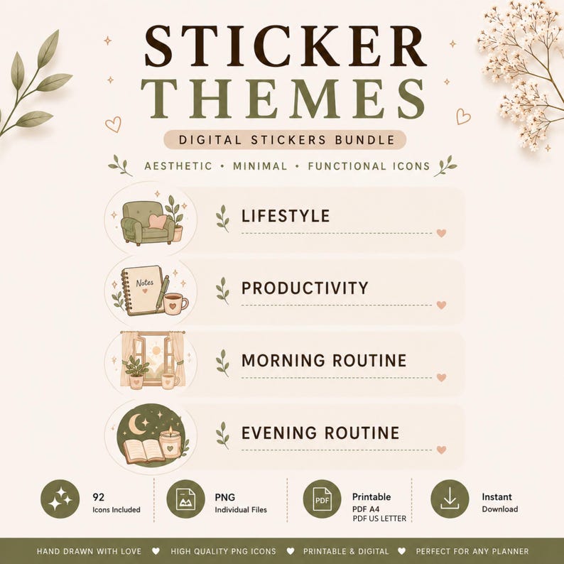 May include: A digital sticker bundle titled STICKER THEMES featuring 92 icons. Categories include LIFESTYLE, PRODUCTIVITY, MORNING ROUTINE, and EVENING ROUTINE. The design uses a neutral color palette with hand-drawn illustrations of furniture, plants, and stationery items, presented in a clean, organized layout.
