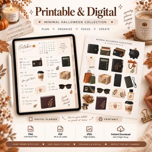 May include: A digital planner and printable sticker sheet featuring a Minimal Halloween Collection. The planner displays an October calendar, daily tasks, and icons. The sticker sheet includes illustrations of wallets, a calculator, bags, and coffee cups.