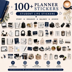 Peut inclure: Un ensemble de plus de 100 autocollants numériques pour agenda sur le thème de la vie étudiante. Le lot comprend des icônes d'ordinateurs portables, livres, sacs à dos, café, papeterie, transports et objets ménagers, avec texte bleu foncé.