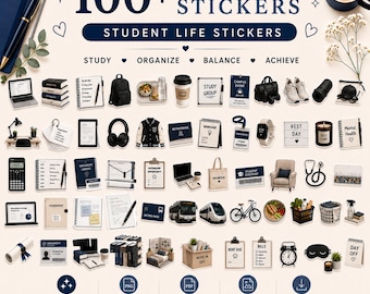 100+ stickers voor studentenleven | Neutrale digitale stickerbundel voor Goodnotes | Esthetische studieplannerstickers | Pictogrammen productiviteit en studentenleven