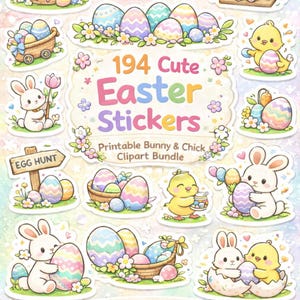 以下が含まれることがあります： ウサギ、ヒヨコ、装飾された卵が描かれた、194個のキュートなイースターステッカーのセット。パステルカラーで、「194 Cute Easter Stickers」と「Printable Bunny & Chick Clipart Bundle」の文字が表示されています。