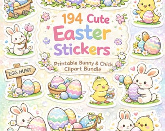 Lot imprimable de 194 stickers de Pâques, lapin et poussin PNG Clipart, feuilles d'autocollants A4 A5 PDF, téléchargement immédiat