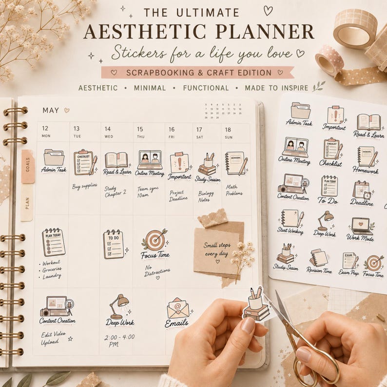 May include: A spiral-bound planner open to a May calendar page with handwritten tasks and stickers, alongside a sheet of adhesive icons labeled The Ultimate Aesthetic Planner, Scrapbooking & Craft Edition, and metal scissors.