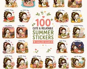 Leuke zomer digitale planner stickersbundel, 100 png-stickers, GoodNotes-stickers, zomerse zelfzorg, gezellige esthetiek, iPad-dagboekstickers