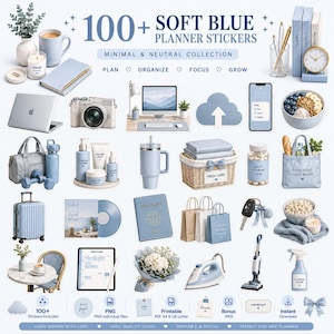 May include: A collection of 100+ soft blue planner stickers featuring various lifestyle icons including a laptop, camera, skincare products, a passport, household appliances, and food items, all presented in a neutral and cohesive blue color palette.