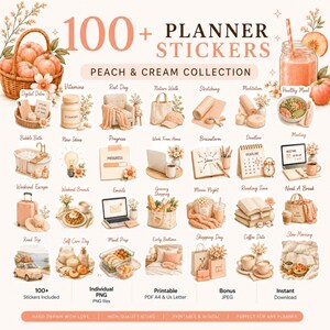 May include: A digital collection of 100+ planner stickers titled Peach & Cream Collection, featuring hand-drawn illustrations of daily activities, household items, food, and lifestyle objects in soft peach and cream tones for digital or print use.