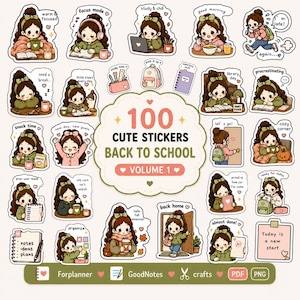 Puede incluir: Una colección de 100 pegatinas digitales con una niña de dibujos animados de pelo castaño en diversas actividades escolares. El texto central dice 100 CUTE STICKERS BACK TO SCHOOL VOLUME 1. Incluye iconos para Forplanner, GoodNotes, crafts, PDF, PNG.