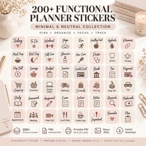 Könnte beinhalten: Eine Sammlung von über 200 funktionalen Planer-Aufklebern in einer neutralen Farbpalette. Die Aufkleber enthalten Symbole und Text für tägliche Aufgaben, darunter Today, To Do, Workout, Yoga, Run, Healthy Food, Hydrate, Vitamins und Meal Prep.