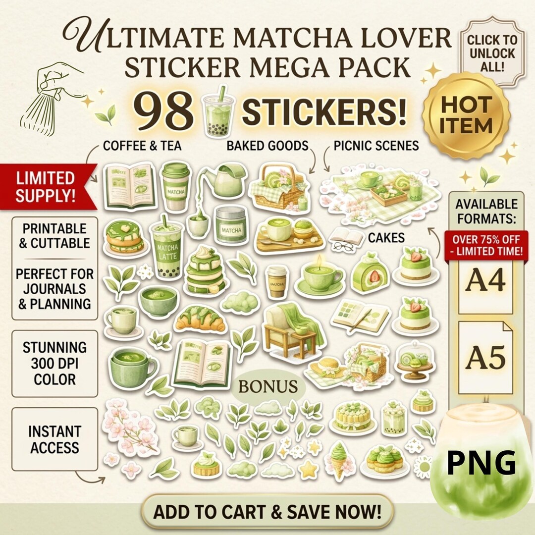98 Matcha Aesthetic Stickers Pack, Digital & Printable Matcha Clip Art ...
