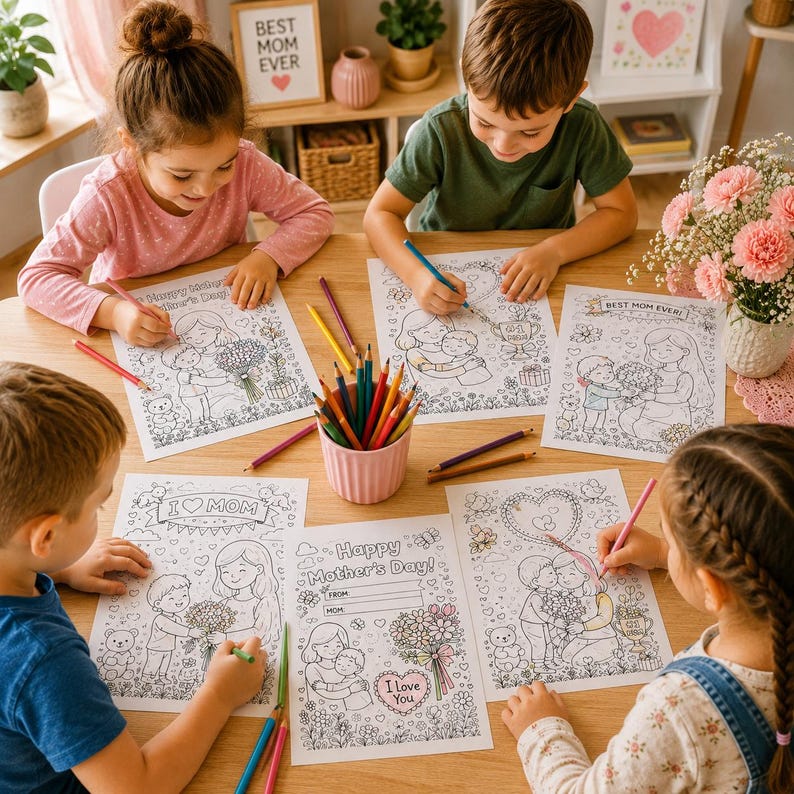 May include: Children are colouring Mother's Day cards at a wooden table. The cards feature line drawings of mothers and children with floral bouquets. Text on the cards includes "Happy Mother's Day!" and "I Love You." Coloured pencils are in a pink cup.