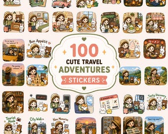 Bundel met leuke stickers voor reisavontuur, 100 png-stickers, GoodNotes-stickers, reisplanner, gezellige esthetiek, iPad-stickers