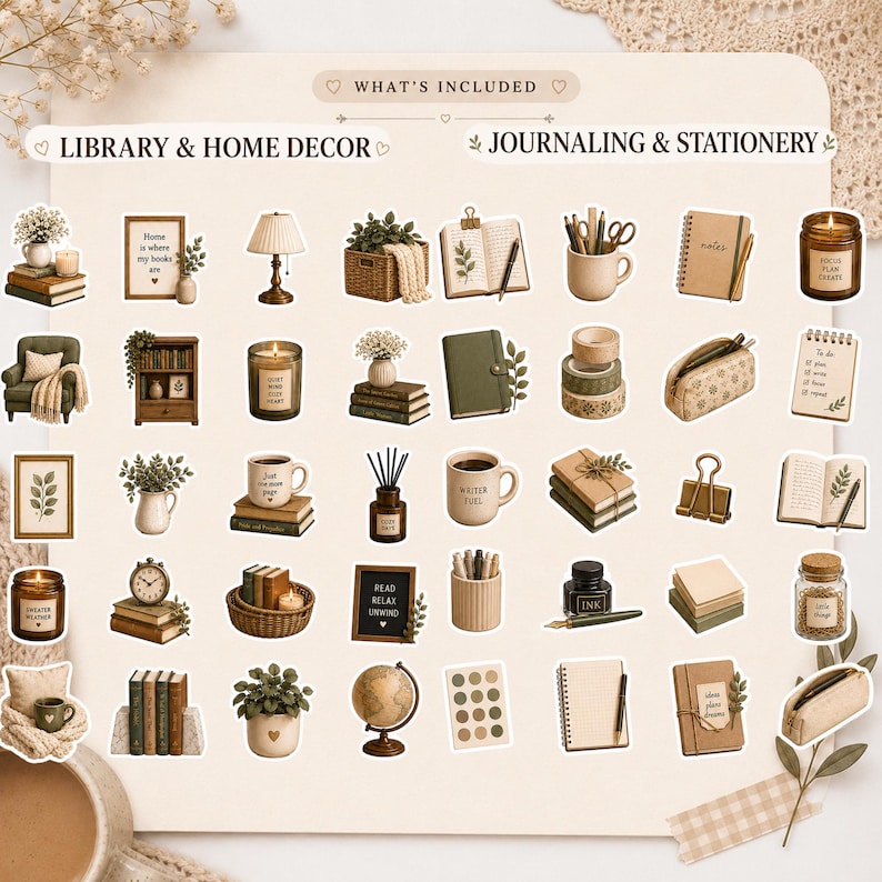 May include: A collection of stickers featuring library, home decor, journaling, and stationery items in neutral tones. Icons include books, candles, plants, lamps, notebooks, pens, globes, and mugs with text like 'Home is where my books are' and 'Writer fuel'.