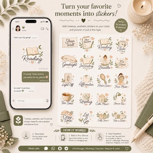 May include: A digital sticker sheet featuring various self-care and daily routine icons with text labels like Sleep Well, Reading, and Tea Time. The sheet is displayed next to a smartphone screen showing a chat interface with the same sticker designs.