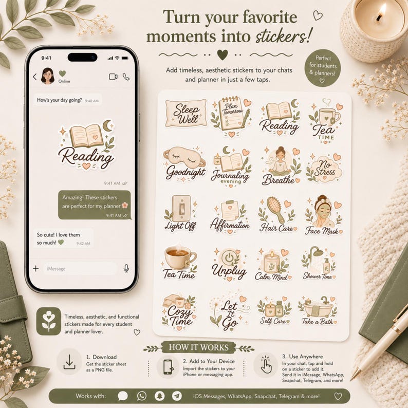 May include: A digital sticker sheet featuring various self-care and daily routine icons with text labels like Sleep Well, Reading, and Tea Time. The sheet is displayed next to a smartphone screen showing a chat interface with the same sticker designs.