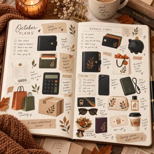 May include: An open planner featuring October plans and weekly vibes with handwritten notes, checklists, and illustrations of a wallet, calculator, piggy bank, smartphone, sunglasses, a bouquet of flowers, and a coffee cup on cream-colored paper.