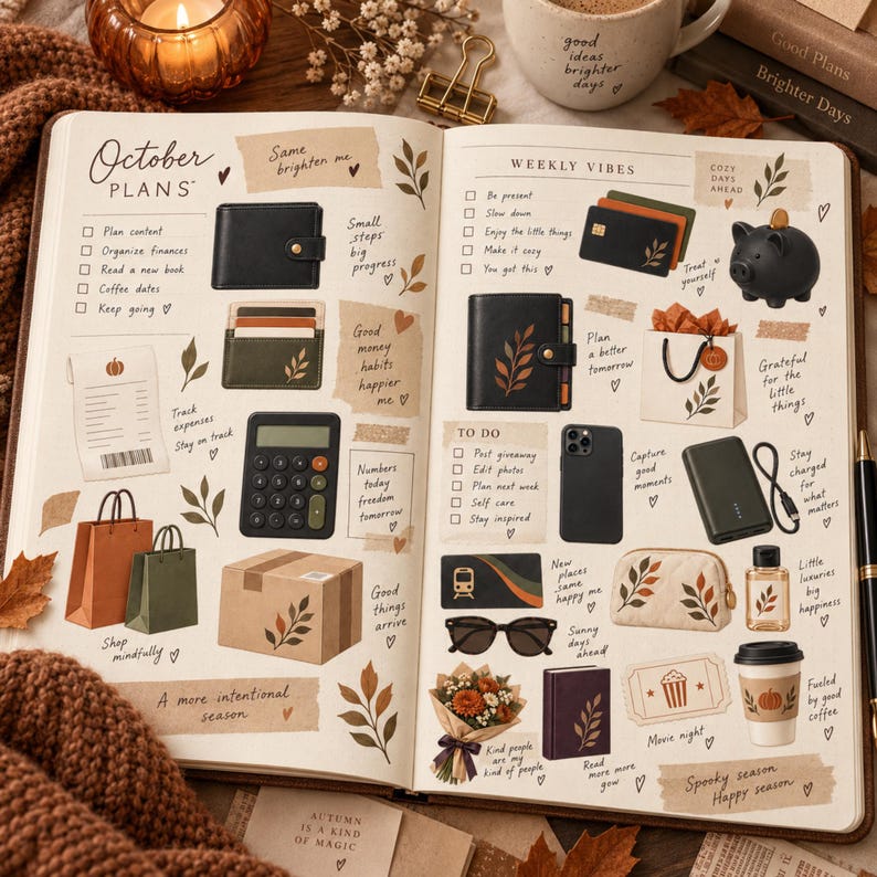 May include: An open planner featuring October plans and weekly vibes with handwritten notes, checklists, and illustrations of a wallet, calculator, piggy bank, smartphone, sunglasses, a bouquet of flowers, and a coffee cup on cream-colored paper.