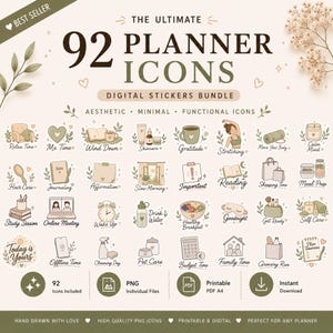 Peut inclure: Ensemble d'autocollants numériques avec 92 icônes de planificateur. Le design comprend des icônes pour diverses activités telles que les soins personnels, le travail et la détente. Le texte comprend "The Ultimate 92 Planner Icons" et "Digital Stickers Bundle".