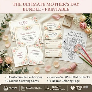 Last Minute Mother’s Day Gift Printable Bundle, Mom Coupons Book, Card & Certificate, DIY Gift for Mom, Instant Download