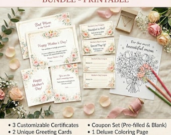 Last Minute Mother’s Day Gift Printable Bundle, Mom Coupons Book, Card & Certificate, DIY Gift for Mom, Instant Download
