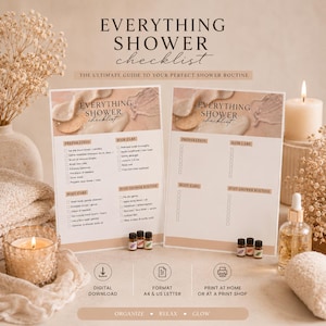 K&ouml;nnte beinhalten: Zwei druckbare Dusch-Checklisten mit dem Text "EVERYTHING SHOWER checklist" und "THE ULTIMATE GUIDE TO YOUR PERFECT SHOWER ROUTINE". Die Checklisten umfassen Abschnitte f&uuml;r Vorbereitung, Haarpflege, K&ouml;rperpflege und Nach-Dusch-Routine. Das Bild enth&auml;lt auch &auml;therische &Ouml;lflaschen, Kerzen und Blumen.