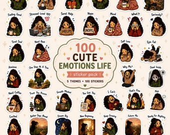 Leuke stickersbundel met thema's emoties en het leven, 100 PNG-stickers, GoodNotes-stickers, stemmingsdagboek, zelfzorg, schattige esthetiek, iPad-dagboekstickers