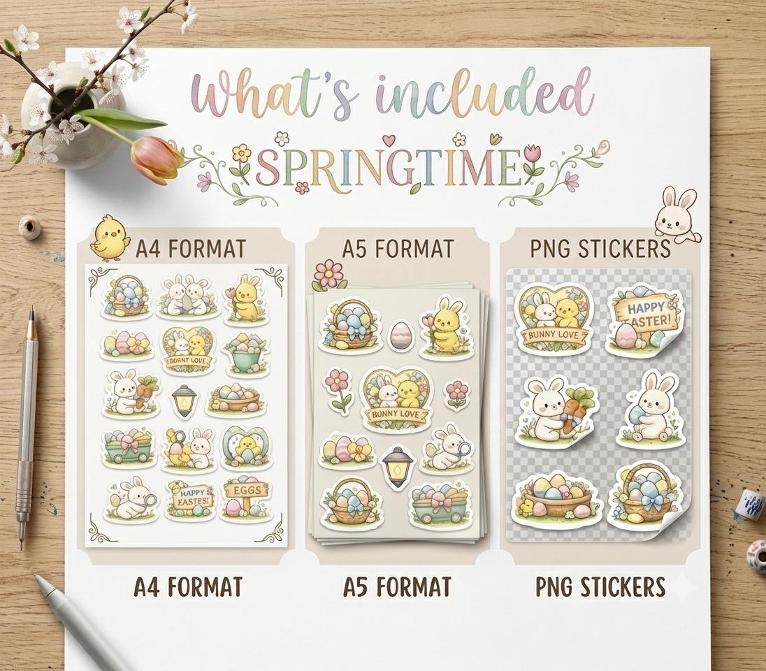 194 Spring Stickers Printable Bundle, Bunny & Chick PNG Clipart, A4 A5 ...