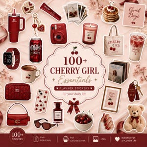 May include: A collection of 100+ cherry-themed digital planner stickers featuring a red tumbler, camera, candle, tote bag, iced latte, smartwatch, mug, makeup bag, phone case, perfume, sunglasses, teddy bear, and various cherry illustrations.
