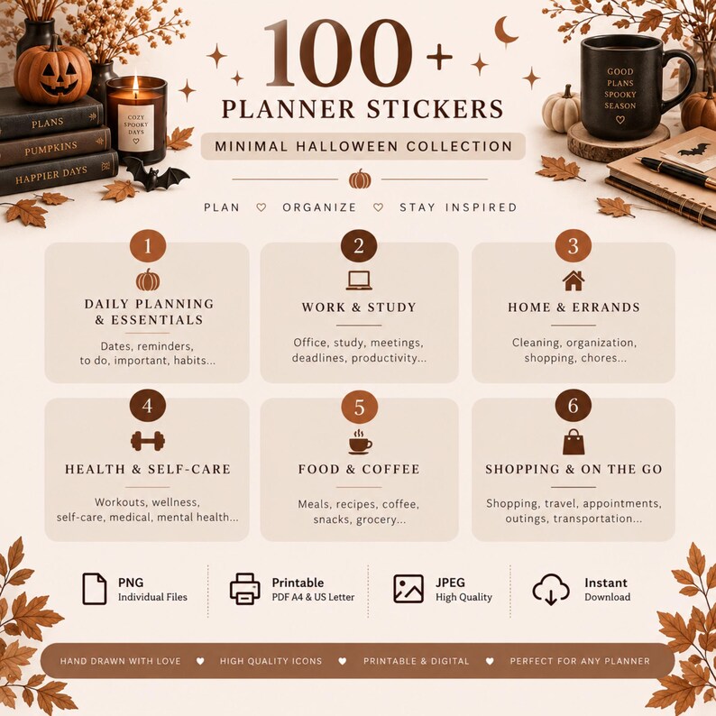May include: A digital product display for 100+ planner stickers in a minimal Halloween collection. The graphic features six categories: daily planning, work and study, home and errands, health and self-care, food and coffee, and shopping.