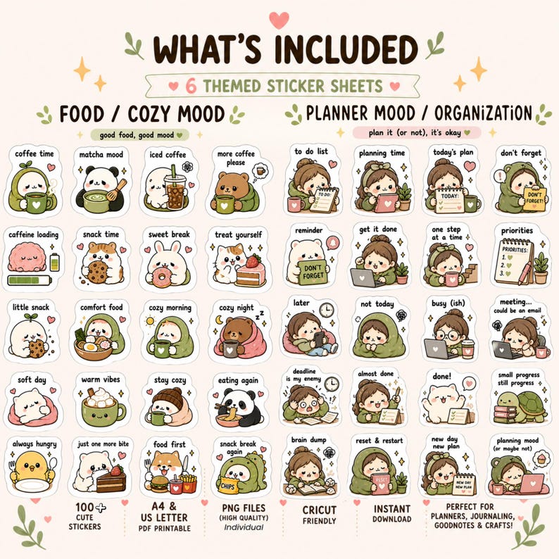 Leuke digitale plannerstickersbundel, 100 PNG-stickers, GoodNotes-stickers, stickers voor het dagelijks leven, zelfzorg, gezellige stijl, iPad-dagboekstickers afbeelding 3