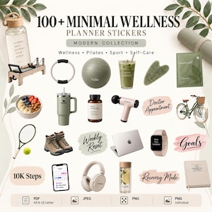 May include: A digital collection of 100+ minimal wellness planner stickers featuring illustrations of a water bottle, pilates reformer, yoga ball, green smoothie, gua sha, skincare, bowl of fruit, tumbler, vitamins, massage gun, bicycle, hiking boots, laptop, smartwatch, headphones, and journal.