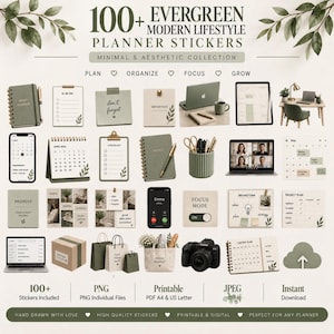 Op de afbeelding: Een digitale collectie van 100+ tijdloze, moderne lifestyle planner stickers in saliegroen en neutrale tinten. De set bevat diverse iconen, checklists, kalenders en organisatorische afbeeldingen voor digitale of afdrukbare planning.