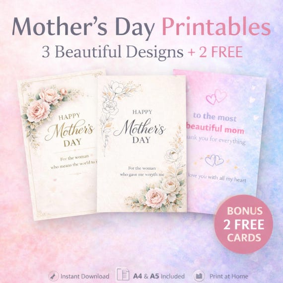 Mother’s Day Printable Cards Bundle, Printable Mom Card, Happy Mothers Day Card for Mom, Last Minute Mothers Day Gift, Floral Greeting Card