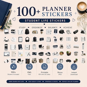 May include: A collection of over 100 student life planner stickers featuring icons of study materials, electronics, fitness gear, and daily essentials. The set includes PNG, PDF, and JPEG files for digital or printable use in planners.