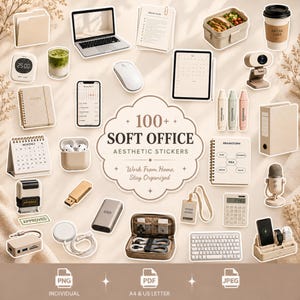 Más de 100 pegatinas con estética suave para oficina / Pegatinas neutras beige para agenda / Imágenes prediseñadas de espacio de trabajo acogedor / PNG para agenda de oficina / Pegatinas digitales imprimibles