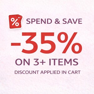 May include: A promotional graphic with a red percentage symbol and the text "SPEND & SAVE -35% ON 3+ ITEMS". The text "DISCOUNT APPLIED IN CART" is also included, all on a light pink textured background.