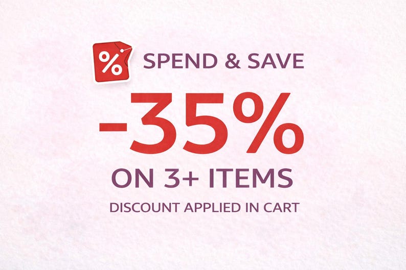 May include: A promotional graphic with a red percentage symbol and the text "SPEND & SAVE -35% ON 3+ ITEMS". The text "DISCOUNT APPLIED IN CART" is also included, all on a light pink textured background.