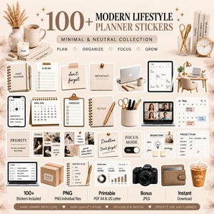 May include: A collection of over 100 digital planner stickers featuring neutral tones and modern lifestyle themes. The set includes icons for to-do lists, calendars, goal tracking, project plans, and office supplies like laptops, cameras, and coffee cups.