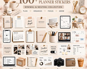May include: A collection of over 100 digital planner stickers featuring neutral tones and modern lifestyle themes. The set includes icons for to-do lists, calendars, goal tracking, project plans, and office supplies like laptops, cameras, and coffee cups.