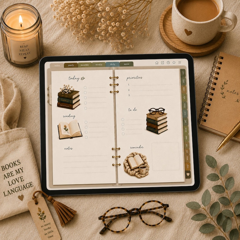 May include: A digital planner displayed on a tablet screen featuring sections for priorities, to-do lists, and reading logs with illustrations of stacked books, glasses, and a cozy nook. The interface includes tabs for navigation and a clean, neutral layout.