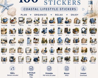 100+ kustblauwe plannerstickers | Digitale stickerbundel voor Goodnotes | Pictogrammen voor esthetische productiviteit en zelfzorg | Dagboekstickers | png