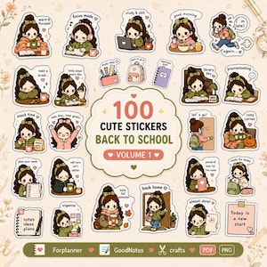 Lot de 100 autocollants mignons pour la rentrée scolaire (format PNG), autocollants GoodNotes, autocollants pour les études, ambiance scolaire chaleureuse, autocollants pour journal iPad