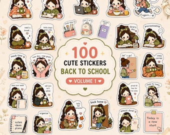 Leuke stickers voor de eerste schooldag, bundel met 100 PNG-stickers, GoodNotes-stickers, studiestickers, gezellige schoolstijl, iPad-dagboekstickers