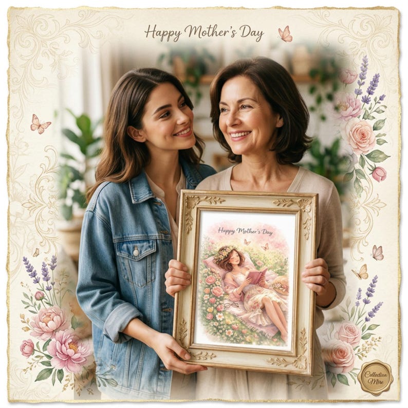 May include: A framed artwork with the text "Happy Mother's Day" is held by a woman and a younger woman. The artwork depicts a woman reading in a garden. Floral and butterfly illustrations surround the image.