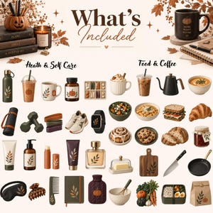 May include: A What's Included infographic featuring autumn-themed items categorized into Health & Self Care and Food & Coffee. Items include a pumpkin mug, water bottle, dumbbells, sneakers, skincare, salad, coffee, bread, croissant, and kitchen tools.