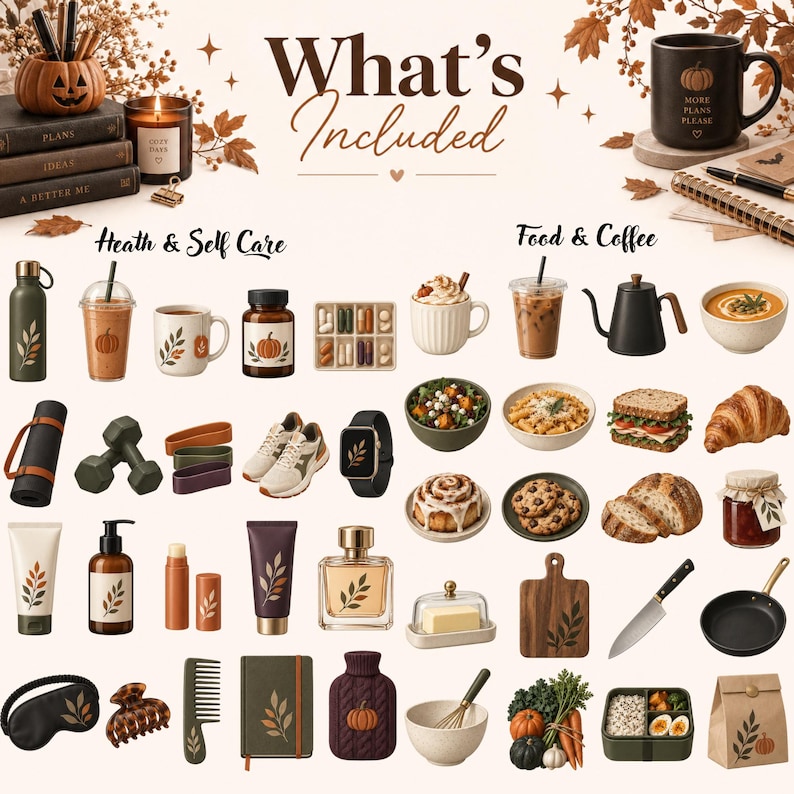 May include: A What's Included infographic featuring autumn-themed items categorized into Health & Self Care and Food & Coffee. Items include a pumpkin mug, water bottle, dumbbells, sneakers, skincare, salad, coffee, bread, croissant, and kitchen tools.