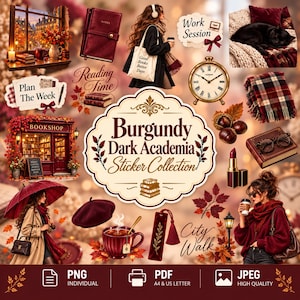 May include: A digital sticker collection featuring burgundy and dark academia themes, including illustrations of a bookshop, a person with a tote bag, a black cat, a clock, a cup of tea, a beret, an umbrella, books, glasses, and autumn leaves.