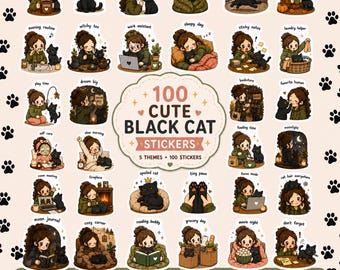 100 schattige zwarte kat digitale planner stickers bundel, png-stickers, GoodNotes-stickers, gezellige kat, kawaii kat, iPad-dagboekstickers