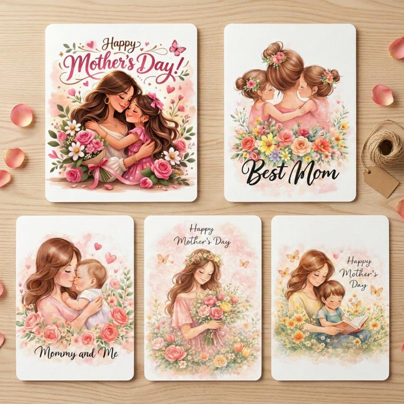 May include: A collection of Mother's Day greeting cards. Each card features watercolor illustrations of mothers and children, surrounded by flowers. The cards have text that reads "Happy Mother's Day," "Best Mom," and "Mommy and Me."