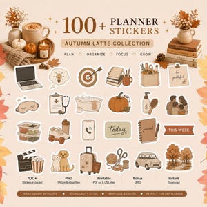 Puede incluir: Una colección digital de más de 100 pegatinas para planificadores titulada Autumn Latte Collection, que presenta varias ilustraciones en tonos marrón y beige que incluyen un portátil, diana, calabaza, bañera, gato, perro, maleta y coche.